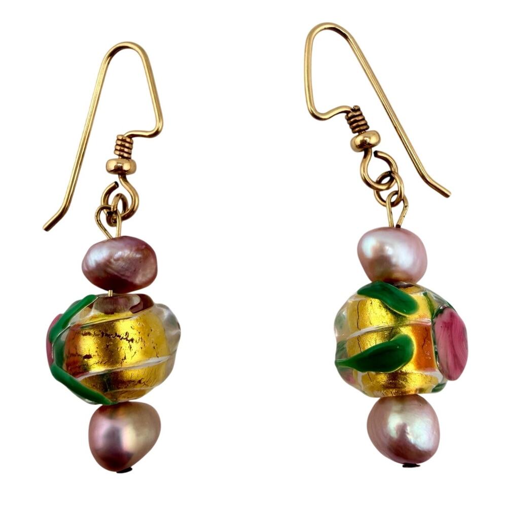 Handmade Freshwater Pearls Dyed Pink Rose Art Glass Dangle Drop 1.75" Earrings